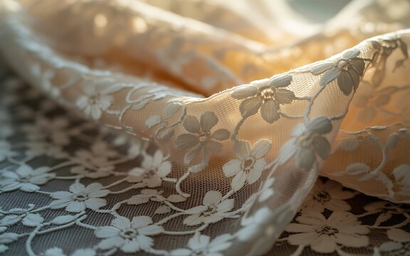 Delicate Floral Lace Fabric with Soft Light and Shadows textile material - Powered by Adobe