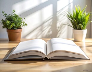 An open blank book rests on a wooden table bathed in dappled sunlight between two potted plants.