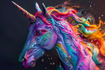 Naklejka premium Vibrant unicorn head, crafted from swirling acrylic paints, embodies magic and creativity