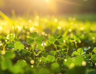 Four-leaf clovers shine brightly in the morning sunlight filtering through the dew-covered grass.