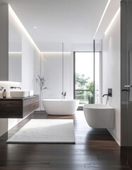 A modern, minimalist bathroom featuring dark wood floors and bright white fixtures.