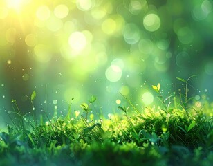 Lush green springtime sprouts illuminated by bright, ethereal sunlight bokeh.