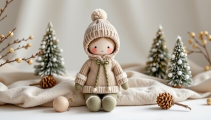 product photo on pure white, no background distractions: soft doll in winter outfit (material: hand painted wood), soft robotic hybrid, for for little hands aged 1&ndash;4, in muted scandinavian hues