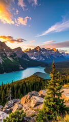 Stunning alpine lake vista at sunset surrounded by rugged mountains and dense evergreen forests.