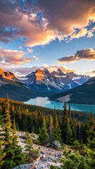 Stunning mountain lake vista at sunset with dramatic clouds and pine forest foreground.