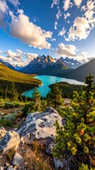 Stunning panoramic view of a turquoise mountain lake surrounded by dense evergreen forests under a dramatic, cloudy blue sky.