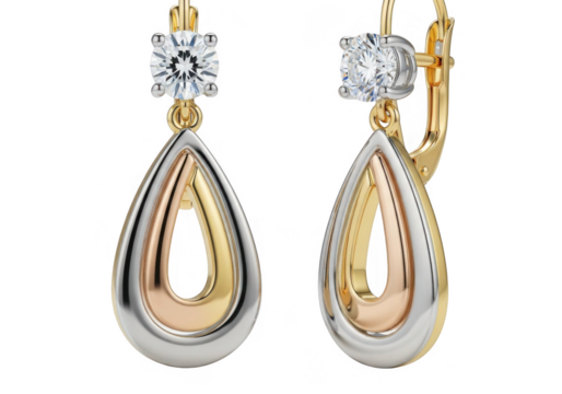 Elegant tri-color gold drop earrings with diamonds isolated on transparent background for luxury jewelry branding and design
