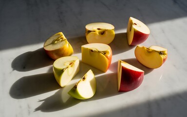 Sliced Apples in Various Colors and Cuts on a Marble Surface with Sunlight autumn background