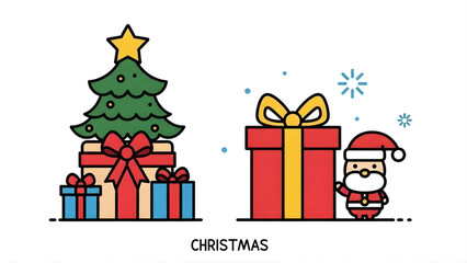 Festive Christmas: A charming cartoon arrangement features a decorated Christmas tree with presents and Santa Claus, the symbol of giving, joyfully holding a gift.
