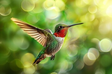 Obraz premium Beautiful ruby throated hummingbird with iridescent green feathers hovering against a blurred green bokeh background