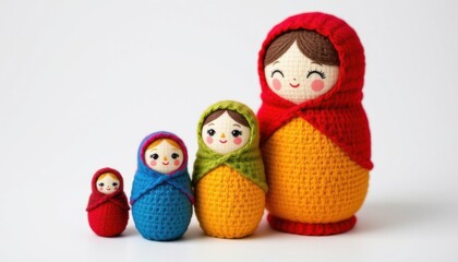 Fototapeta premium high detail isolated image on a clean white backdrop: stackable nesting dolls, handcrafted in woven cotton, soft montessori style, intended for early readers aged 4–7, in classic primary colors