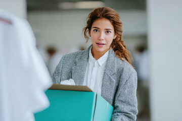 Young woman carrying box leaving office building