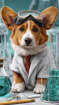 Scientist Corgi: A charming Corgi pup dons a lab coat, safety glasses, and tie, ready to take on the world of science within a scientific environment. A delightful scene.