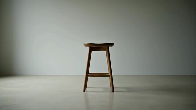 Wooden stool in empty room with neutral tones and natural lighting.