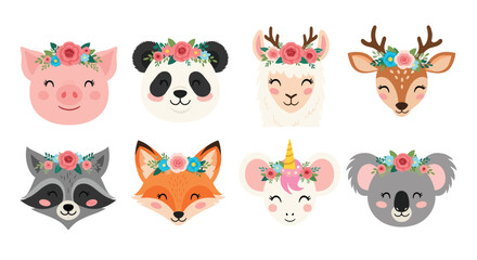 Naklejka premium Set of eight cute woodland and farm animal faces with beautiful floral crowns including a fox deer and panda.