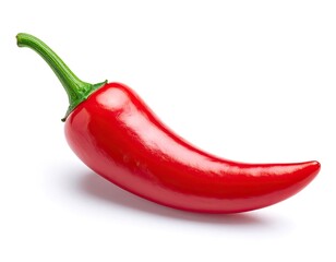 A single, vibrant red chili pepper with a curved stem rests against a clean white background.
