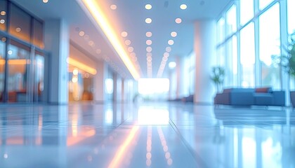 Abstract, brightly lit modern office lobby interior with reflective floors.