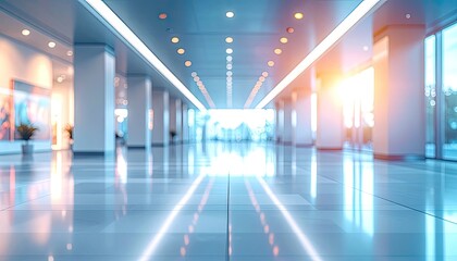A brightly lit, modern, and expansive interior corporate hallway with reflective floors.