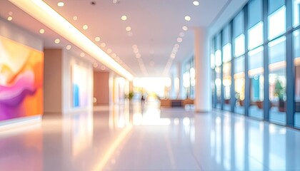A bright, modern, and abstract blurred hallway interior with large windows and reflective flooring.