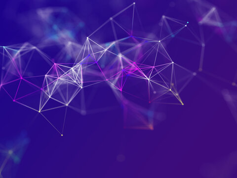 Abstract network of glowing white lines and nodes against a dark purple and blue gradient background with ethereal light effects