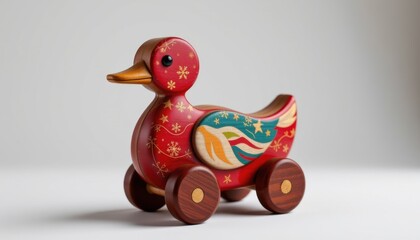 isolated on white with studio clarity: wooden pull along duck crafted from silicone safe parts, handcrafted artisan, suitable for little hands aged 1–4, in jewel toned holiday shades