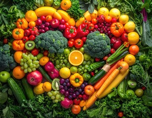 A vibrant heart shape formed by an abundance of fresh, colorful fruits and vegetables.