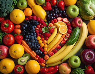 A vibrant heart shape composed entirely of assorted fresh fruits and vegetables.