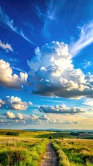 Vibrant rural landscape under a dramatic, cloud-filled summer sky.