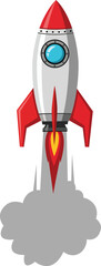 Red and white rocket ship with blue window blasting off with fire and smoke spaceship space