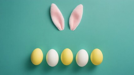 Festive spring arrangement featuring bunny ears and dyed eggs aligned on a clean turquoise background, celebration and cheerful holiday themes - Powered by Adobe