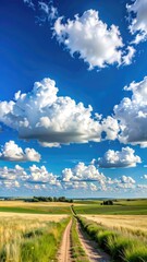 A vivid rural landscape featuring a dirt path winding through golden and green fields under a dramatic blue sky filled with white cumulus clouds.