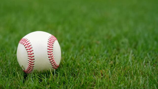Baseball resting on a field of green grass, showcasing vibrant field and bright day lighting