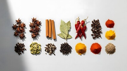 Assorted spices and herbs arranged on a white background top view
