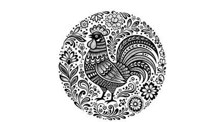 Black and white rooster with intricate folk art floral patterns in a decorative circular design for a vintage look. © Farhan
