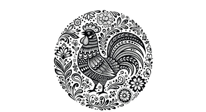 Black and white rooster with intricate folk art floral patterns in a decorative circular design for a vintage look.