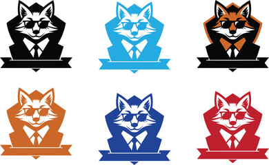 Six stylized fox logos in different colors wearing suits and sunglasses icon symbol