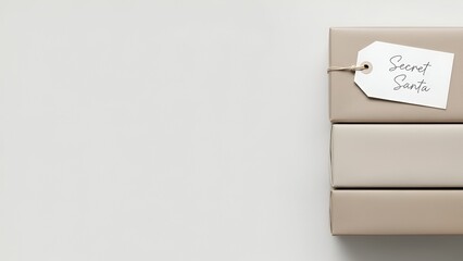 Gift boxes with "Secret Santa" tag on light gray background  with space for text