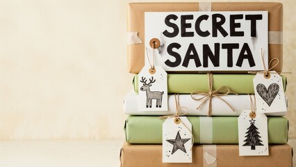 Christmas gifts stacked with Secret Santa sign and decorative tags with space for text