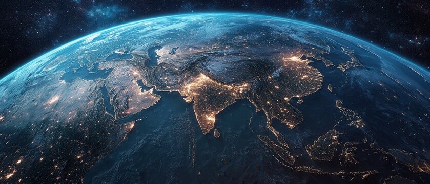 Digital hologram representation showcasing the Asian continent illuminated at night highlighting its vibrant cities and landscapes from space - Powered by Adobe