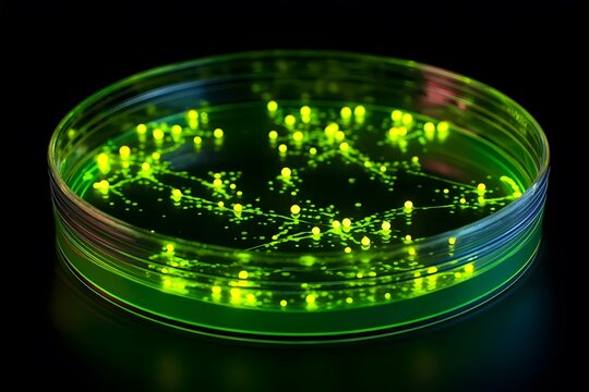 Bright green fluorescent bacteria grow in clusters on a petri dish.