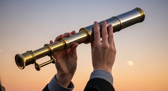 A person holding a brass telescope against a sunset sky.