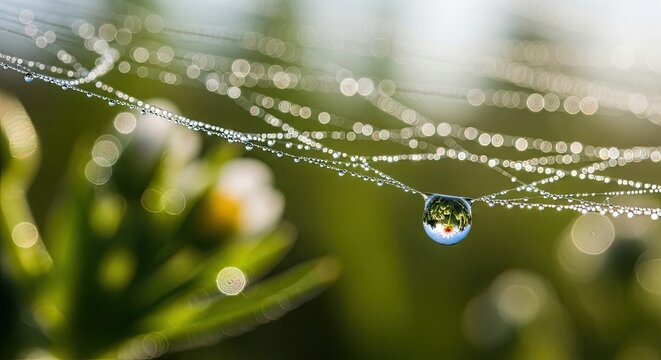 A spider web with dew drops and a reflection of a butterfly.