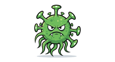 Fototapeta premium Angry green cartoon virus monster character with a menacing expression fangs and tentacles isolated on a white background.