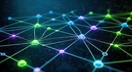 A complex network of interconnected nodes and lines on a dark background.