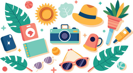 Summer vacation objects flat illustration with sun camera hat and sunglasses travel beach