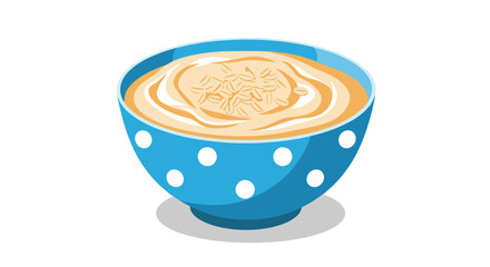 Healthy breakfast oatmeal porridge with grains served in a cute blue bowl with white polka dots isolated on a white background.