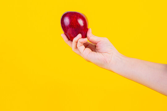Red apple in hand yellow background