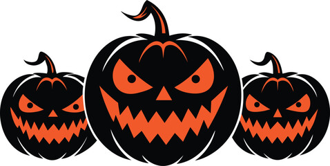 Three black jack o lanterns with orange carved faces and stems halloween pumpkin