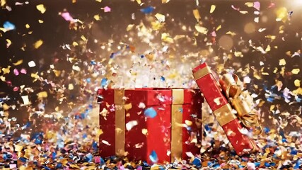 Red gift box with gold ribbon and confetti falling creates a magical celebration, perfect for birthdays, holidays, or special occasions