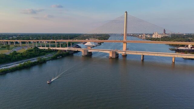 Craig Memorial Bridge spanning Maumee River in Toledo, Ohio at golden hour